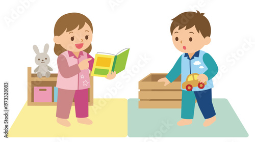 A joyful scene of two children engaging in playtime indoors, with one reading a book while the other holds a toy car, showcasing innocence and fun in their environment.