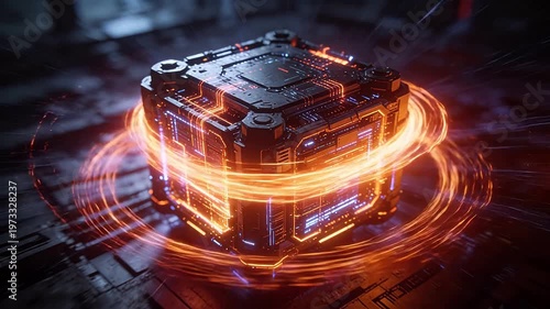 Sci-fi cube device with orange glowing rings and circuit details