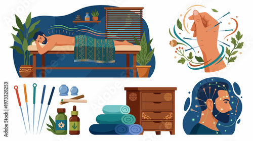 A comprehensive view of acupuncture therapy, featuring a massage table, utensils, and herbal products that promote healing and enhance the holistic wellness experience.