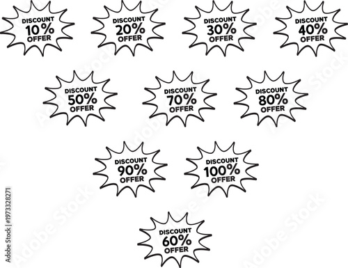 Discount offer labels in black and white with various percentages from 10 to 100 percent  sale and promotion stickers