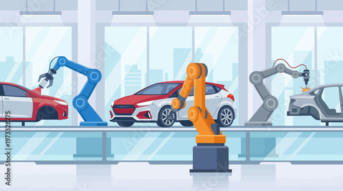 An advanced automotive assembly line showcases robots working collaboratively to efficiently assemble vehicles, representing the future of manufacturing technology and innovation.