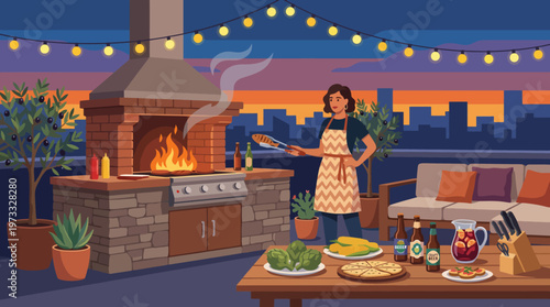 A cozy outdoor barbecue setting featuring a grill, delicious food, drinks, and ambiance, perfect for gatherings and celebrations among family and friends.