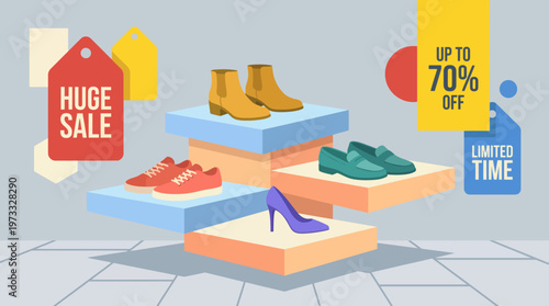 A modern and eye-catching display of shoes showcasing a huge sale in an abstract style, highlighting various footwear options, perfect for fashion enthusiasts.