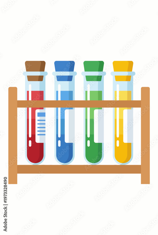 Fototapeta premium A vibrant arrangement of four test tubes in a wooden rack, showcasing red, blue, green, and yellow liquids, reflecting a scientific exploration theme and laboratory aesthetics.