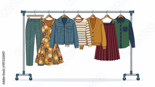 This image features a chic clothing rack displaying an array of fashionable items including dresses, jeans, and cardigans, showcasing contemporary style and modern wardrobe essentials.