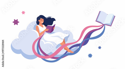 A whimsical illustration depicts a girl reading on a cloud, with colorful ribbons and stars illustrating the journey of imagination, creativity, and the joy of storytelling.