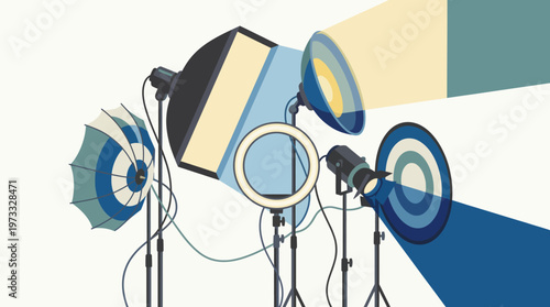 A collection of studio lighting equipment exemplifies the essence of photography, showcasing artistry, technicality, and illumination necessary for capturing stunning images.