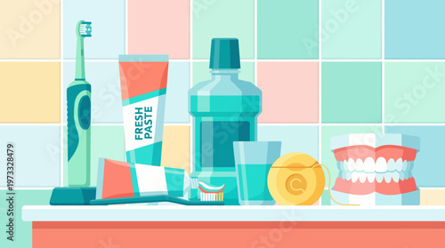 An organized collection of dental care products including a toothbrush, toothpaste, and mouthwash signifies the importance of oral hygiene in a clean and vibrant setting.