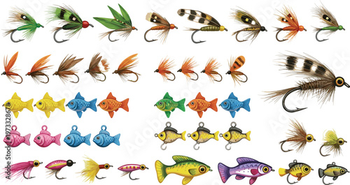 Fishing Lures and Baits Icon Set Featuring Colorful Flies, Fish Shapes, Hooks, and Fishing Gear for Angling and Outdoor Designs