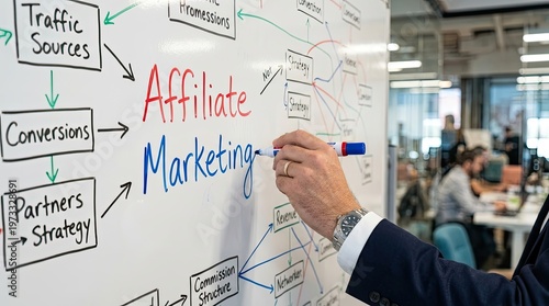 Professional Explaining Affiliate Marketing Strategy on Whiteboard in Office.