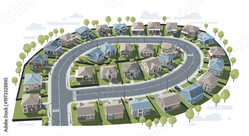 Aerial View of a Suburban Neighborhood Cul-de-Sac with Diverse Houses and Green Lawns