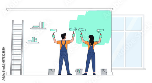 Couple painting a room with turquoise color, home renovation and DIY concept