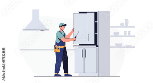Appliance repairman fixing a refrigerator in a modern kitchen, home service concept