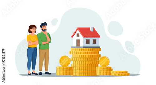 Couple Planning Home Purchase on Stack of Coins, Real Estate Investment Concept