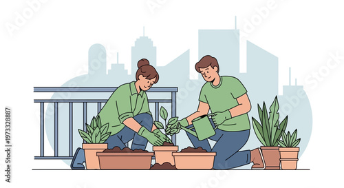 Couple planting balcony garden with city skyline background