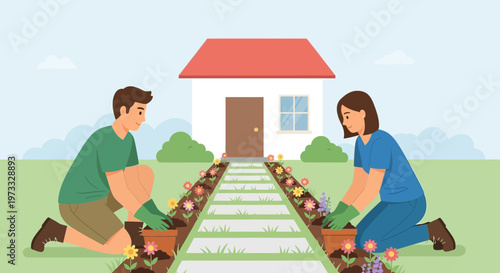 Couple planting flowers in garden path leading to house, spring gardening, lifestyle