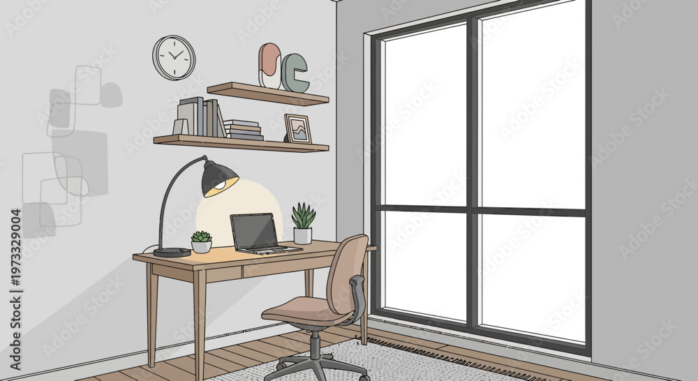 Naklejka premium Cozy Home Office with Desk, Laptop, Lamp, and Window View