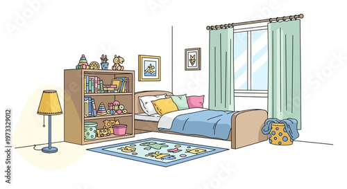 Cozy Children's Bedroom with Toys, Books, and Bed