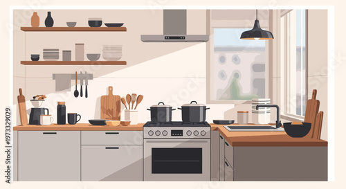 Cozy Kitchen Interior with Natural Light, Modern Appliances, and Cooking Utensils