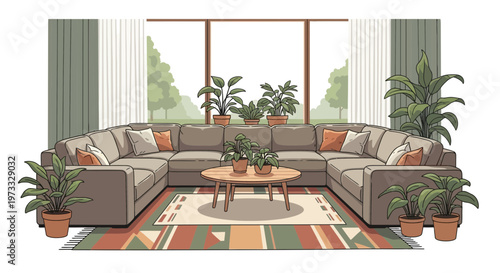 Cozy Pixel Art Living Room with Large Sectional Sofa, Plants, and Rug