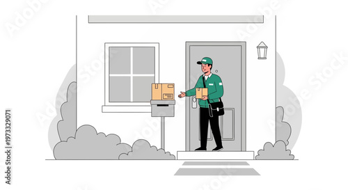 Delivery man delivering package to front door, mailbox, house exterior, doorstep, courier service
