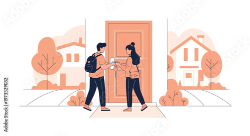 Delivery person handing package to woman at front door of house, suburban neighborhood