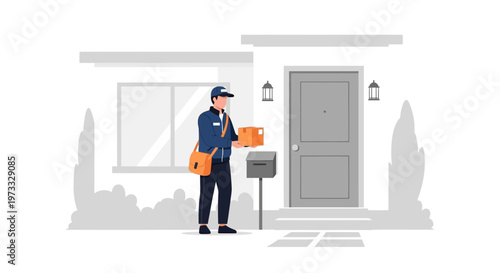 Delivery man with packages at front door of house, courier service concept
