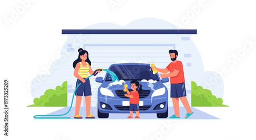 Family washing car together in driveway, summer fun, bonding, outdoor activity