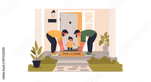 Family Welcoming Child Home: Parents and Toddler on Welcome Mat at Front Door