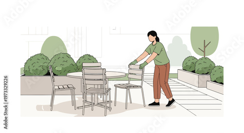 Gardener arranging chairs around a table in a modern garden setting
