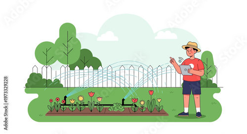 Gardener controlling smart irrigation system in flower garden with sprinklers and tablet