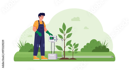 Farmer checking smart irrigation system for plants in a modern garden, technology concept