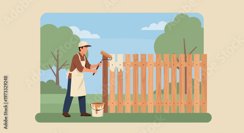 Gardener Painting Wooden Fence White, Home Improvement, Exterior Maintenance, DIY Project