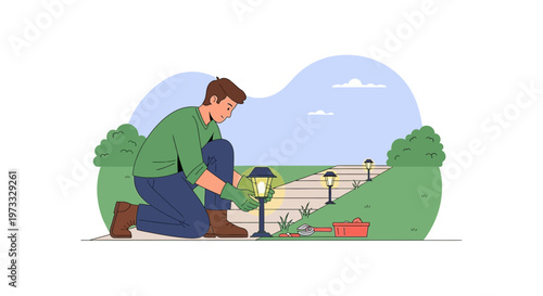 Gardener Installing Solar Pathway Lights in a Garden at Dusk