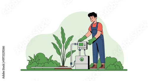 Gardener monitors smart irrigation system for plant growth in a lush garden