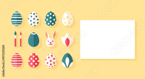 Minimalist Easter Greeting Card Template with Flat Vector Icons, Decorated Eggs, Cute Bunny, and Blank Copy Space for Spring Holiday Announcements and Invitations