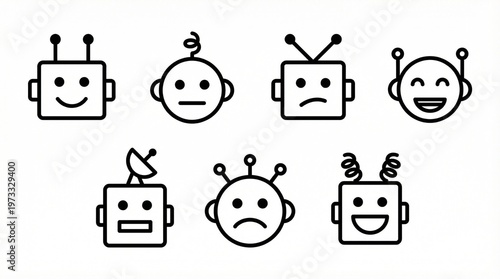 Vector illustration of seven robot face icons in minimalist line style.