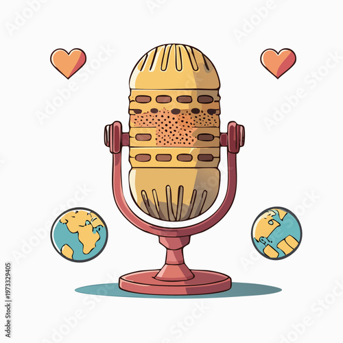 Vintage Microphone with Heart Symbols Around.