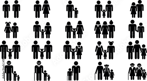 Diverse Family Icon Set Featuring Traditional And Non Traditional Households Single Parents Same Sex Couples Multi Generational Families And Senior Citizens