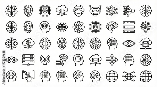 Vector illustration of fifty AI and neural network icons in minimalist line style.