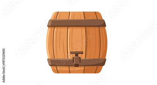 Traditional Wooden Barrel with Tap Vector Illustration, Rustic Vintage Style Design Isolated on White Background for Storing Wine, Beer, Whiskey, and Other Beverages in Pubs and Bars