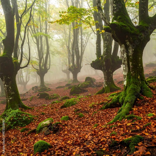 Atmospheric woodland scene, shrouded in mist. Twisted, moss-covered trees stand among fallen leaves, creating a mysterious, tranquil landscape