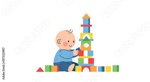 A cute infant wearing a soft blue outfit sits comfortably on the ground while carefully stacking a variety of colorful geometric wooden blocks into a tall tower in a bright room.
