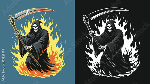 Menacing grim reaper holding a large scythe in front of a wall of flames shown in two different color variations for dark art themes.