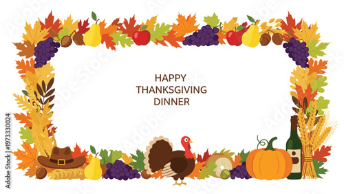 Thanksgiving dinner frame decorated with autumn maple leaves, various fruits, a turkey, a pumpkin, and a traditional pilgrim hat.