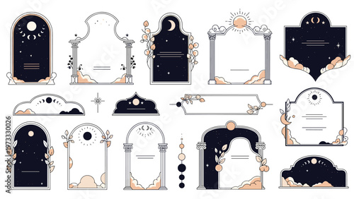 Mystical celestial frames and borders set featuring moon phases, stars, clouds, and classical architectural elements in a clean style.