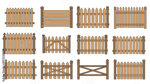 Collection of several wooden garden fence designs including picket, horizontal, and cross-braced patterns on a simple white background.
