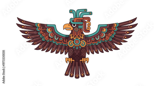 Detailed illustration of an ancient Aztec or Mayan eagle warrior symbol featuring intricate patterns and vibrant earth-toned colors.