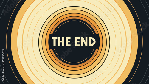 Vintage movie ending screen with concentric circles in shades of yellow and black featuring the bold text THE END in the center.