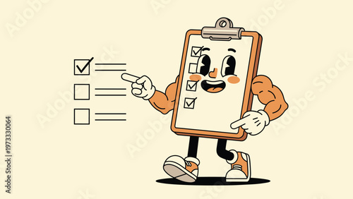 Vintage cartoon style clipboard character with muscular arms pointing at a completed checklist to symbolize productivity and success.
